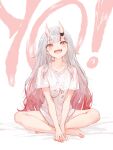  1girl :d absurdres blush commentary full_body grey_hair highres hololive horns hyde_(tabakko) indian_style long_hair looking_at_viewer multicolored_hair nakiri_ayame red_eyes red_hair shirt sitting smile solo streaked_hair virtual_youtuber white_background white_shirt 