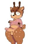  anthro antlers balls bottom_heavy bottomless bottomless_anthro bottomless_male brown_body brown_fur brown_hair cheek_tuft clothed clothing deer elchilenito erection facial_tuft femboy fur genitals hair half-closed_eyes hi_res horn humanoid_genitalia humanoid_penis male mammal markings narrowed_eyes penis short_stack simple_background solo spots spotted_body spotted_fur thick_thighs tuft white_background wide_hips 