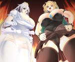  2girls armlet bad_anatomy bad_perspective black_collar black_dress black_panties black_thighhighs blonde_hair blue_eyes blush bowsette bracelet breasts bursting_breasts chest_jewel cleavage collar commentary_request covered_navel covered_nipples cowboy_shot crown dress earrings fiery_background fire frilled_shirt frills from_below gloves grey_background grey_hair highres horns huge_breasts jewelry lets0020 long_hair looking_at_viewer looking_down mario_(series) medium_bangs multiple_girls new_super_mario_bros._u_deluxe open_mouth panties pointy_ears princess_king_boo puffy_short_sleeves puffy_sleeves red_eyes see-through see-through_skirt sharp_teeth shirt short_sleeves skirt sphere_earrings spiked_armlet spiked_bracelet spiked_collar spiked_shell spikes strapless strapless_dress super_crown teeth thighhighs tongue turtle_shell underwear upper_teeth_only upskirt v-shaped_eyebrows white_gloves white_panties white_shirt white_thighhighs yellow_horns 