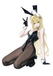  1girl :p animal_ears arm_support black_gloves black_leotard blonde_hair bow bowtie breasts brown_pantyhose detached_collar fake_animal_ears gloves goddess_of_victory:_nikke green_eyes hair_ornament highleg highleg_leotard highres jiu_ye_sang kneeling leotard long_hair looking_at_viewer medium_breasts official_alternate_costume pantyhose playboy_bunny ponytail rabbit_ears rupee_(nikke) rupee_(rabbit_deluxe)_(nikke) simple_background solo strapless strapless_leotard tiptoes tongue tongue_out v white_background wrist_cuffs yellow_bow yellow_bowtie 