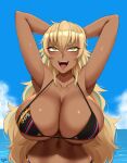  1girl arms_behind_head arms_up bikini black_bikini blonde_hair blue_hair blush breasts collarbone commentary dark-skinned_female dark_skin day francesca_(twrlare) hair_between_eyes highleg highres huge_breasts looking_at_viewer multicolored_hair navel original parted_lips railing robe sky smile solo stomach streaked_hair striped_bikini striped_clothes summer swimsuit symbol-only_commentary twitter_username twrlare upper_body yellow_eyes 