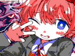  1girl absurdres blazer blue_background blue_eyes blush_stickers bow check_medium collared_jacket collared_shirt doki_doki_literature_club drop_shadow flipnote_studio_(medium) furrowed_brow grey_jacket hair_bow heart highres jacket kitaguchi_(yagikanshi) lapels layered_sleeves long_sleeves looking_at_viewer neck_ribbon notched_lapels one_eye_closed open_clothes open_jacket open_mouth pink_hair red_bow red_ribbon ribbon sayori_(doki_doki_literature_club) school_uniform shirt short_hair simple_background smile solo upper_body v vest white_shirt yellow_vest 