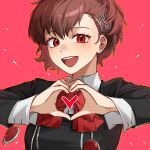  1girl :d black_jacket bow bowtie brown_hair eca_leaf gekkoukan_high_school_uniform heart heart_hands highres jacket looking_at_viewer open_mouth persona persona_3 persona_3_portable red_background red_bow red_bowtie red_eyes school_uniform shiomi_kotone short_hair smile solo teeth upper_body upper_teeth_only 