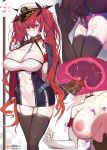  1boy 1girl absurdres ass azur_lane bangs black_legwear black_panties black_ribbon blush breasts breasts_apart chain choker cleavage collarbone condom covered_navel cross-section dark_skin dark_skinned_male elbow_gloves eyebrows_visible_through_hair eyes_visible_through_hair garter_straps gloves hair_between_eyes hair_ribbon hat heart hetero highres honolulu_(azur_lane) inverted_nipples jewelry large_breasts long_hair looking_at_viewer motion_lines multiple_condoms multiple_views nose_blush panties patreon_logo patreon_username peaked_cap penis pussy_juice pussy_juice_trail red_eyes red_hair ribbon ring sex skindentation solo_focus standing sweat testicles thighhighs torso_grab twintails underwear used_condom uterus vaginal very_long_hair wedding_ring white_gloves yanje 