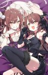  2girls :d absurdres belt black_belt black_footwear black_gloves black_shirt black_shorts black_thighhighs breasts cleavage commentary_request fang fur-trimmed_thighhighs fur_trim gloves hair_between_eyes highres idolmaster idolmaster_shiny_colors idolmaster_shiny_colors_song_for_prism kunikune long_hair looking_at_viewer medium_breasts multiple_girls open_mouth osaki_amana osaki_tenka red_hair shirt shoes shorts siblings sisters skin_fang smile thighhighs thighs tied_shirt twins white_footwear white_gloves white_wings wings yellow_eyes 