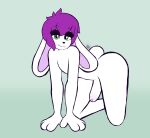  4_fingers absurd_res all_fours anthro big_butt butt femboy fingers foreskin fur genitals green_eyes hair half-closed_eyes half-erect hi_res lagomorph leporid looking_at_viewer male mammal max_draws narrowed_eyes nude penis purple_hair rabbit simple_background smile solo tail white_body white_fur 