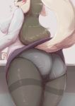  2019 anthro big_breasts black_hair black_nose blush breasts butt canid canine clothing dorito_ru embarrassed female floppy_ears fur hair japanese_text legwear long_hair looking_back low-angle_view mammal open_mouth panties pantyhose raised_tail rear_view red_eyes solo text underwear upskirt white_fur 