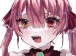  1girl blush close-up heterochromia hololive houshou_marine houshou_marine_(1st_costume) long_hair looking_at_viewer open_mouth red_eyes red_hair smile solo teeth tongue twintails upper_body upper_teeth_only user_vrrg3827 virtual_youtuber yellow_eyes 