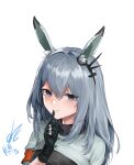  1girl absurdres animal_ears arknights armband black_gloves black_sweater closed_mouth ear_ornament finger_to_mouth frostnova_(arknights) gloves grey_eyes grey_hair grey_shirt hair_between_eyes hand_up highres je_(user_fhhz4732) light_smile long_hair looking_at_viewer orange_armband rabbit_ears rabbit_girl shirt signature simple_background solo sweater upper_body white_background 