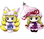  2girls absurdres animal_ears animal_hat blonde_hair blue_tabard blush_stickers bow chibi chibi_only closed_mouth dot_mouth dress fox_tail full_body hair_bow hands_in_opposite_sleeves hat hat_ribbon hat_tassel highres holding holding_umbrella long_hair long_sleeves looking_at_viewer medium_hair mob_cap multiple_girls multiple_tails open_mouth own_hands_together purple_eyes purple_tabard red_bow red_ribbon ribbon simple_background smile socks standing tabard tail touhou umbrella white_background white_dress white_socks yakumo_ran yakumo_yukari yakumora_n yellow_eyes zun_(style) 