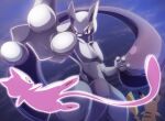  blue_eyes blue_sky closed_mouth cloud commentary_request cowboy_shot highres lets0020 mew_(pokemon) mewtwo no_humans pikachu pokemon pokemon_(creature) reaching reaching_towards_viewer sky v-shaped_eyes 