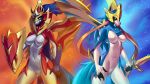  2019 absurd_res alanscampos anthro anthrofied breasts canid canine digital_media_(artwork) duo featureless_breasts featureless_crotch female hi_res holding_object holding_weapon legendary_pok&eacute;mon mammal melee_weapon nintendo pok&eacute;mon pok&eacute;mon_(species) pok&eacute;morph shield sword video_games weapon zacian zamazenta 