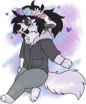 2018 abstract_background anthro barefoot black_hair black_nose black_tongue blush bottomwear canid canine canis chibi clothed clothing digital_drawing_(artwork) digital_media_(artwork) domestic_dog ears_down feet flower flower_crown freckled_face freckles full-length_portrait fully_clothed grey_bottomwear grey_clothing grey_hoodie grey_pants grey_sclera grey_topwear hair handpaw heart_symbol hindpaw hoodie jaspering kristof_(the_floofiest) looking_at_viewer male mammal nonbinary_(lore) nordic_sled_dog pants paws pivoted_ears plant ponytail portrait purple_blush samoyed shaded snout soft_shading solo spitz tail tongue tongue_out topwear whisker_spots white_eyes