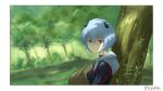  against_tree ayanami_rei blue_hair dappled_sunlight dated forest hair_ornament hat highres looking_at_viewer nature neon_genesis_evangelion red_eyes reyalp short_hair signature spacesuit standing sun_hat sunlight tree tree_shade under_tree 