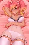  1girl arm_under_breasts artist_name ass_visible_through_thighs bangs blonde_hair blush bra breasts commission covered_navel dark_skin gradient_hair highres large_breasts lingerie lips long_hair looking_at_viewer lying mole mole_under_eye multicolored_hair nightgown on_back on_bed orange_hair original panties parted_lips pillow pink_hair pointy_ears red_eyes seductive_smile see-through shellvi smile solo strap_gap thighhighs twintails underwear white_bra white_legwear white_panties 