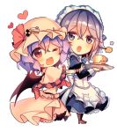  2girls :o ;d animal_print apron ascot bat_print bat_wings black_legwear blue_dress blue_eyes blue_hair blue_neckwear blush bow cake capelet checkerboard_cookie chibi cookie cup dress eyebrows_visible_through_hair eyes_visible_through_hair fangs food frilled_capelet frilled_dress frilled_shirt frilled_skirt frills full_body hair_between_eyes hat hat_bow hat_ornament heart izayoi_sakuya juliet_sleeves kirero long_sleeves looking_at_another looking_at_viewer maid maid_headdress mob_cap multiple_girls no_nose one_eye_closed open_mouth outstretched_arm plaid puffy_sleeves red_eyes red_neckwear remilia_scarlet saucer shirt shoes silver_hair simple_background skirt skirt_set smile teacup touhou tray unmoving_pattern waist_apron white_background wings wrist_cuffs 