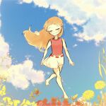  1girl barefoot blush bug butterfly candace_gertrude_flynn closed_eyes closed_mouth cloud cloudy_sky flower highres ladybug long_hair orange_hair phineas_and_ferb red_shirt shirt skirt sky sleeveless sleeveless_shirt smile solo toon_(style) user_fsfc2477 white_skirt 