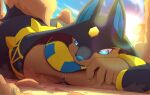  2024 anthro anubis_(pal) big_butt blue_eyes blue_nose butt duo head_on_arm hi_res human kneeling looking_at_another lying macro mammal on_front outside pal_(species) palworld pocketpair s2-freak size_difference sun tail worship 
