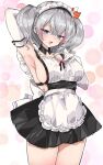  1girl alternate_costume apron arm_up armpits black_dress blue_eyes blush breasts chigasaki_yukari dress elbow_gloves frilled_apron frills gloves grey_hair hand_on_own_chest highres kantai_collection kashima_(kancolle) large_breasts long_hair looking_at_viewer maid maid_headdress open_mouth sideboob simple_background solo twintails waist_apron white_gloves 