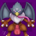 3_eyes absurd_res anthro avian beak dragon_quest dragon_quest_vi fluffy_chest genitals gryphon hi_res jamirus long_tongue male multi_eye mythological_avian mythological_creature mythology penis presenting presenting_penis solo square_enix tongue tongue_out vulpine_corvid wings 