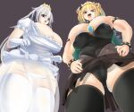  2girls armlet black_collar black_dress black_panties black_thighhighs blonde_hair blue_eyes blush bowsette bracelet breasts bursting_breasts chest_jewel cleavage collar commentary_request covered_navel covered_nipples cowboy_shot crown dress earrings frilled_shirt frills from_below gloves grey_background grey_hair highres horns huge_breasts jewelry lets0020 long_hair looking_at_viewer looking_down mario_(series) medium_bangs multiple_girls new_super_mario_bros._u_deluxe open_mouth panties pointy_ears princess_king_boo puffy_short_sleeves puffy_sleeves red_eyes see-through see-through_skirt sharp_teeth shirt short_sleeves simple_background skirt sphere_earrings spiked_armlet spiked_bracelet spiked_collar spiked_shell spikes strapless strapless_dress super_crown teeth thighhighs tongue turtle_shell underwear upper_body upper_teeth_only upskirt v-shaped_eyebrows white_gloves white_panties white_shirt white_thighhighs yellow_horns 