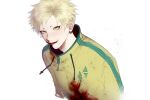  1boy blonde_hair blood blood_on_clothes blood_on_face commentary drawstring earclip green_trim haruno_shion highres jacket kc-rk_sl male_focus open_mouth saibou_shinkyoku short_hair simple_background smile solo symbol-only_commentary upper_body white_background yellow_eyes yellow_jacket 
