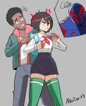  1girl 2boys angry animal_bag artist_name cosplay curly_hair dark-skinned_male dark_skin fighting_stance green_thighhighs hair_between_eyes hair_ornament highres kunio-kun_series marvel miles_morales misako_(kunio-kun) misako_(kunio-kun)_(cosplay) multiple_boys peni_parker river_city_girls short_hair spanish_commentary spider-man:_across_the_spider-verse spider-man_(2099) spider-man_(series) spider-verse thecooleralexico thighhighs v-shaped_eyebrows x_hair_ornament zettai_ryouiki 