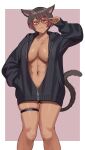  1girl :3 abs absurdres animal_ears black_jacket breasts brown_hair cat_ears cat_girl cat_tail character_request commission copyright_request dark-skinned_female dark_skin glasses highres hood hooded_jacket jacket large_breasts long_sleeves looking_at_viewer mole mole_on_breast mole_on_stomach mole_on_thigh multicolored_hair navel red-framed_eyewear red_eyes red_hair short_hair skeb_commission skindentation solo stomach streaked_hair tail thigh_strap toin_(iitoin) unzipped zipper zipper_pull_tab 