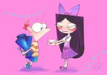  1boy 1girl absurdres ajaj21bd black_hair blue_eyes blueprint_(object) bow child closed_eyes dress envelope full_body hair_bow highres isabella_garcia-shapiro long_hair open_mouth phineas_and_ferb phineas_flynn pink_bow pink_dress red_hair shirt short_sleeves shorts striped_clothes toon_(style) wrench 