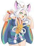  1girl :d animal_ear_fluff animal_ears bell blue_kimono blush breasts character_request coin commentary_request cowboy_shot fang gold green_eyes japanese_clothes jingle_bell kimono koban_(gold) lets0020 looking_at_viewer medium_breasts onmyoji open_mouth parted_bangs paw_pose rope shimenawa short_hair simple_background smile solo topknot v-shaped_eyebrows white_background white_hair wide_sleeves 
