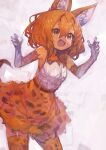  1girl absurdres animal_ear_fluff animal_ears bow bowtie claw_pose cowboy_shot double-parted_bangs elbow_gloves fang gloves hair_between_eyes highres kaamin_(mariarose753) kemono_friends medium_hair open_mouth orange_bow orange_bowtie orange_eyes orange_hair orange_skirt orange_thighhighs serval_(kemono_friends) serval_print shirt skirt sleeveless sleeveless_shirt smile solo thighhighs v-shaped_eyebrows white_gloves white_shirt 