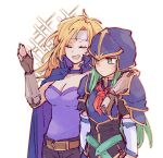  2girls alonemistrist arm_around_shoulder armor blonde_hair breasts brown_gloves cape cleavage closed_eyes closed_mouth english_commentary fingerless_gloves fire_emblem fire_emblem:_radiant_dawn gloves green_eyes green_hair headband heather_(fire_emblem) helmet multiple_girls nephenee_(fire_emblem) open_mouth purple_cape purple_shirt shirt shoulder_armor sweatdrop upper_body white_background white_headband 