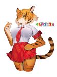  alternate_species anthro bengal_tiger bengal_tiger_(kemono_friends) bottomwear breasts clothing felid female furrification hi_res hongdeng kemono_friends looking_at_viewer mammal necktie pantherine pattern_clothing plaid plaid_clothing simple_background skirt solo stripes tiger white_background 