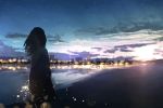  1girl beach black_hair blue_sky cloud facing_away lens_flare long_hair original reflection scenery skirt sky skyline skyrick9413 solo standing star_(sky) starry_sky twilight 