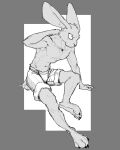  4_toes absurd_res anthro athletic athletic_anthro athletic_male barefoot biped black_and_white claws clothed clothing cotton_tail digital_media_(artwork) feet fur geometric_background hand_behind_neck hi_res lagomorph leporid male male_anthro mammal monochrome navel paws pecs rabbit resrabbutt shaded shorts_only simple_background simple_shading sitting solo toe_claws toes topless topless_anthro topless_male 