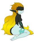  barefoot blonde_hair butt fangs feet female hair humanoid_pointy_ears imp long_hair looking_at_viewer lvlzero midna nintendo red_eyes short_stack sitting solo teeth the_legend_of_zelda third-party_edit twilight_princess 