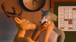  16:9 2024 3d_(artwork) absurd_res anthro antlers beastars blender_(artwork) blender_cycles bodily_fluids bulletin_board canid canine canis cervine clock conditional_dnp deer detailed_background digital_media_(artwork) dripping drooling duo fangs finger_in_mouth hand_on_face hand_on_neck hi_res horn inside japanese_text legoshi_(beastars) looking_at_another louis_(beastars) male male/male mammal mouth_play nude open_mouth red_deer saliva saliva_drip saliva_on_tongue saliva_string salivating side_view standing teeth text three-quarter_view tongue tongue_out vlkosarek watermark widescreen wolf 