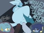 2024 anthro anus balls big_butt big_penis blue_body blue_fur blue_sclera butt canid cutaway dialogue digital_media_(artwork) disembodied_penis eeveelution emanata english_text erection felid femboy foreskin fur gazaster generation_1_pokemon generation_4_pokemon genitals glaceon group group_sex half-closed_eyes hi_res huge_penis humanoid_genitalia humanoid_penis imminent_anal imminent_double_penetration imminent_sex leg_markings legs_up looking_at_another looking_at_partner lying male male/male mammal markings mostly_offscreen_character multiple_doms_one_sub narrowed_eyes nintendo nodding nude on_back open_mouth penis pokemon pokemon_(species) sex shinx simple_background smile smug socks_(marking) solo_focus tail text threesome trio vaporeon white_eyes yellow_eyes