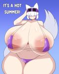 animal_humanoid areola areola_slip big_areola big_breasts bikini blue_background breasts canid canid_humanoid canine canine_humanoid clothing curvy_figure duskyer english_text eyewear eyewear_on_head female fox_humanoid glistening glistening_body gradient_background hair hair_over_eyes hi_res hidden_eyes huge_breasts human humanoid hyper hyper_breasts mammal mammal_humanoid micro_bikini navel purple_bikini purple_clothing purple_swimwear raised_tail short_hair simple_background solo standing sunglasses sunglasses_on_head swimwear tail text thick_thighs voluptuous white_tail wide_hips