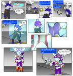  2017 2_horns android anthro armor armwear blue_eyes blue_hair boots breastplate chest_gem clothing comic dialogue female footwear gem gender_transformation generation_4_pokemon hair happy hi_res horn legendary_pokemon machine male mtf_transformation nintendo pokemon pokemon_(species) purple_hair robot robotization ryusuta shaymin shoulder_pads sky_forme_shaymin slime smile solo speech_bubble text transformation 