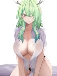  1girl absurdres antlers black_panties breasts ceres_fauna cleavage closed_mouth collarbone commentary english_commentary furrowed_brow gradient_hair green_hair groin hair_over_one_eye highres hololive hololive_english horns lace-trimmed_panties lace_trim large_breasts long_hair looking_at_viewer mole mole_under_eye multicolored_hair no_nipples panties shirt short_sleeves si_farid smile solo sweat unbuttoned underwear upper_body virtual_youtuber white_shirt yellow_eyes 
