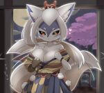  1girl animal_ears black_sclera blush breasts cherry_blossoms cleavage closed_mouth colored_sclera commentary_request cowboy_shot expressionless full_moon furry furry_female grey_skirt hair_ribbon hakurou_(onmyoji) high_ponytail japanese_clothes kimono large_breasts lets0020 long_hair looking_at_viewer moon night off_shoulder onmyoji red_eyes red_ribbon ribbon skirt slit_pupils solo tail tail_wagging tree white_hair wolf_ears wolf_girl wolf_tail yagasuri yellow_kimono 
