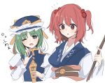  2girls asymmetrical_hair blue_hat breasts coin d9ysbx288350 frilled_hat frills green_hair hair_bobbles hair_ornament hat highres holding looking_at_viewer medium_hair multiple_girls obi one_eye_closed onozuka_komachi open_mouth red_eyes red_hair rod_of_remorse sash shiki_eiki short_hair simple_background touhou translation_request two_side_up upper_body white_background yawning 