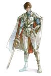  1boy armor boots breastplate brown_eyes brown_hair cape closed_mouth commentary faulds fire_emblem fire_emblem:_thracia_776 full_body highres holding holding_sword holding_weapon leif_(fire_emblem) looking_at_viewer male_focus negi_(fufufuyu) pants serious short_hair shoulder_armor simple_background solo standing sword twitter_username weapon white_armor white_background white_cape white_footwear white_pants 