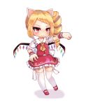  1girl alternate_hairstyle animal_ears ascot back_bow blonde_hair bow chibi chinese_commentary closed_mouth collarbone collared_shirt commentary_request drill_hair flandre_scarlet frilled_shirt_collar frills full_body hand_on_own_hip highres large_bow light_smile long_hair looking_at_viewer mary_janes mofashi_beibei multicolored_wings no_headwear paw_pose puffy_short_sleeves puffy_sleeves red_eyes red_footwear red_skirt red_vest shirt shoes short_sleeves skirt skirt_set solo thighhighs touhou vest white_bow white_shirt white_thighhighs wings wrist_cuffs yellow_ascot 