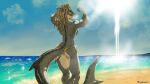  absurd_res anthro beach blonde_hair blue_eyes clothed clothing dreadlocks female fish grey_body hair hi_res marine mr._woland muscular muscular_female sea shark solo swimwear topless topless_female water 
