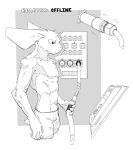  5_fingers abs anthro athletic athletic_anthro athletic_male biped black_and_white bottomwear cable clothed clothing digital_media_(artwork) electronics english_text fingers hi_res holding_cable holding_object lagomorph leporid machine male male_anthro mammal monochrome navel pants pants_only pecs pushbutton rabbit resrabbutt shaded simple_shading solo standing text topless topless_anthro topless_male 