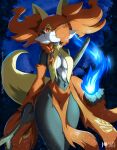  anthro black_body black_fur blue_fire colored colored_fire delphox female fire forest fur generation_6_pokemon hair hair_over_eye hi_res looking_at_viewer nintendo one_eye_obstructed orange_body orange_eyes orange_fur orange_hair plant pokemon pokemon_(species) rilex_lenov smile solo staff tail thick_thighs tree white_body white_fur 