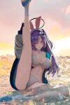  1girl absurdres animal_ears bikini black_gloves blue_archive blue_eyes blush breasts fake_animal_ears gloves grey_bikini halo highres jacket kneepits large_breasts leg_up long_hair looking_at_viewer mechanical_halo navel open_clothes open_jacket open_mouth purple_hair rabbit_ears simsimhea sitting solo swimsuit two_side_up yuuka_(blue_archive) 