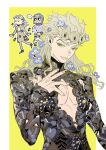  ... 2boys abs arm_cuffs black_shirt blonde_hair border character_request cleavage_cutout clothing_cutout curly_hair deformed earrings eyelashes fingernails floral_print flower flower_request giorno_giovanna green_eyes guard hair_flower hair_ornament hand_on_own_hip highres jewelry jojo_no_kimyou_na_bouken lips long_hair long_sleeves looking_at_viewer male_focus multiple_boys multiple_views outline outside_border parted_lips pectoral_cleavage pectorals purple_flower shirt shishio_(shishio5431) simple_background sparkle speech_bubble stud_earrings teeth thick_eyebrows upper_body vento_aureo white_border white_outline yellow_background 